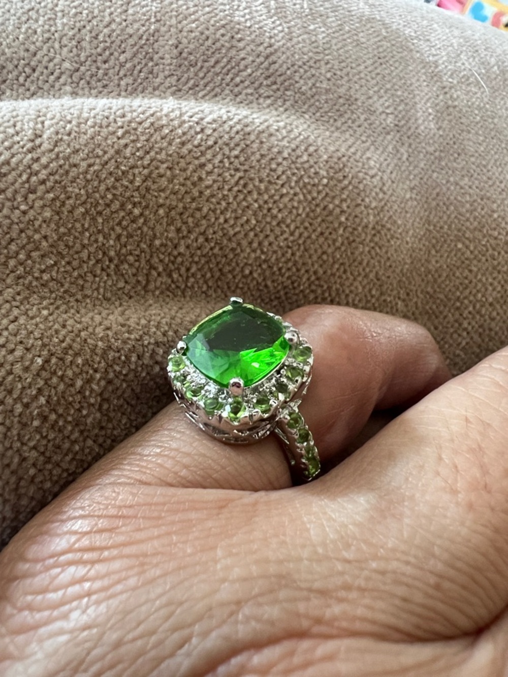 Peridot Green Statement Cocktail Ring Silver Tone CZ Halo Size 4.25 #4255